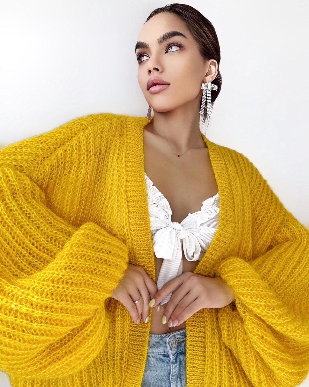 Mohair cardigan women Yellow Lemon Bright cardigan Mohair sweater White knitted coat Jacket Women Bridal shrug bolero wool Fluffy short card
