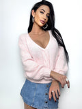 Angora light pink white sweater Open back Deep neckline Pastel fluffy angora pullover Loose fit oversized V-neck Top long sleevs Cozy gift