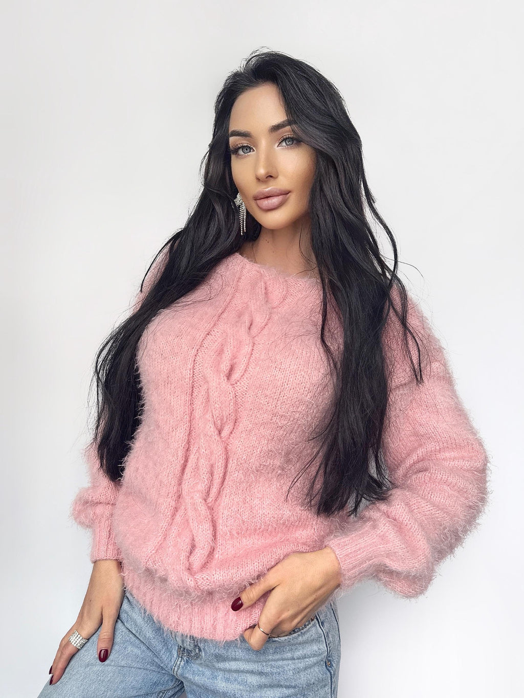 Knitted sweater for sensitive skin Pink Powder wool FREE body friendly sweater Open back Deep V-neckline Loose fit oversize Cozy pullover