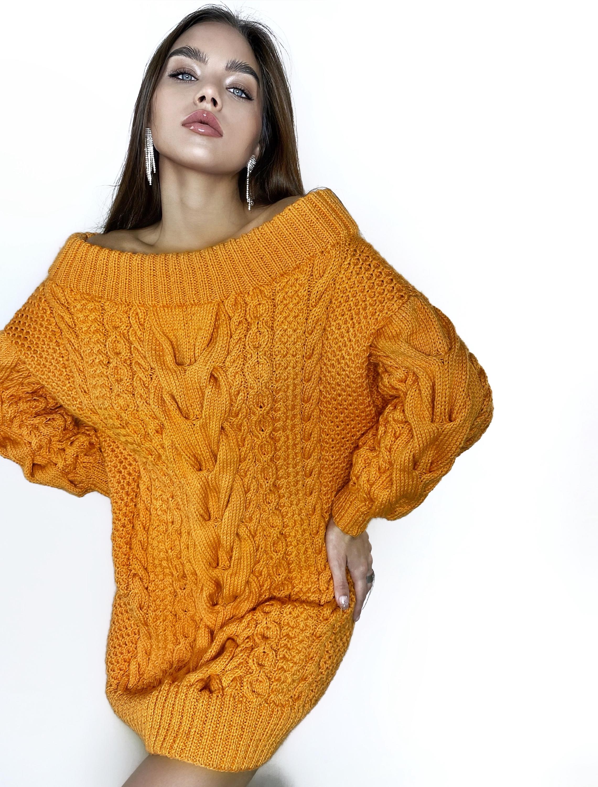 Hand knit sweater dresses for women Orange cable knit sweater dress open shoulders Long women’s wool sweater braids knit dress one shoulder