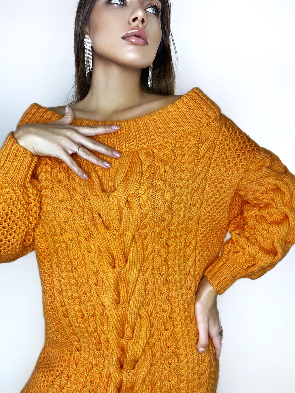 Hand knit sweater dresses for women Orange cable sweater dress open shoulders Long women’s wool sweater braids knit dress one shoulder