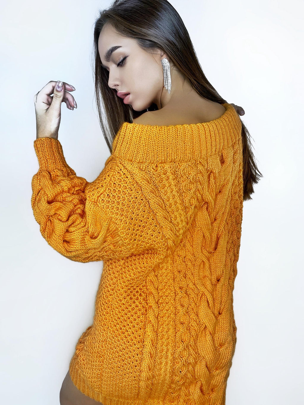 Knitted Fall Pumpkin halloween sweater dress for women Orange cable sweater dres open shoulders Long women’s wool sweater braids knit dress