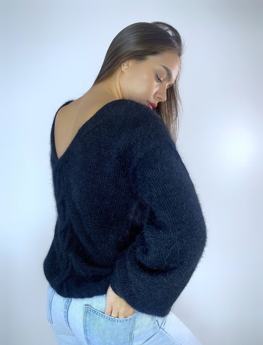 Black angora sweater Open back Deep neckline Knit fluffy angora pullover Loose fit oversized V-neck Fluffy Top long sleeve Cozy gift