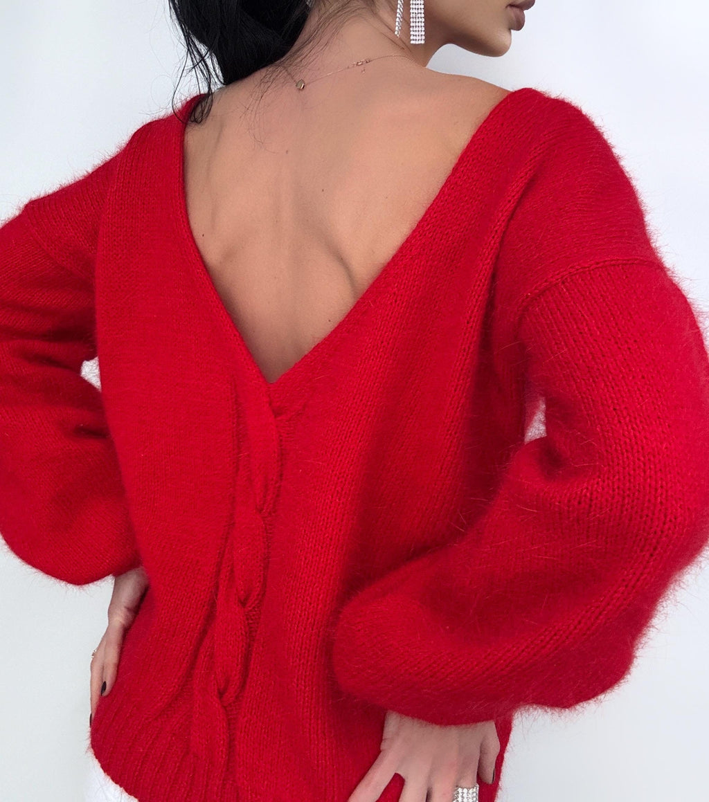 Red angora hand knit sweater Open back Deep neckline Knitted fluffy angora pullover Loose fit oversized V-neck Top long sleevs Cozy gift her