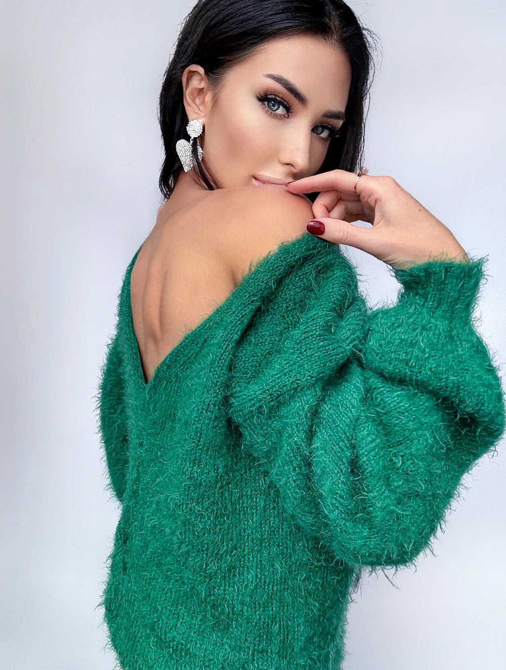 Green soft fluffy hand knit body friendly wool free sweater Open back Deep neckline Knit emerald fluffy pullover Loose fit oversized V-neck