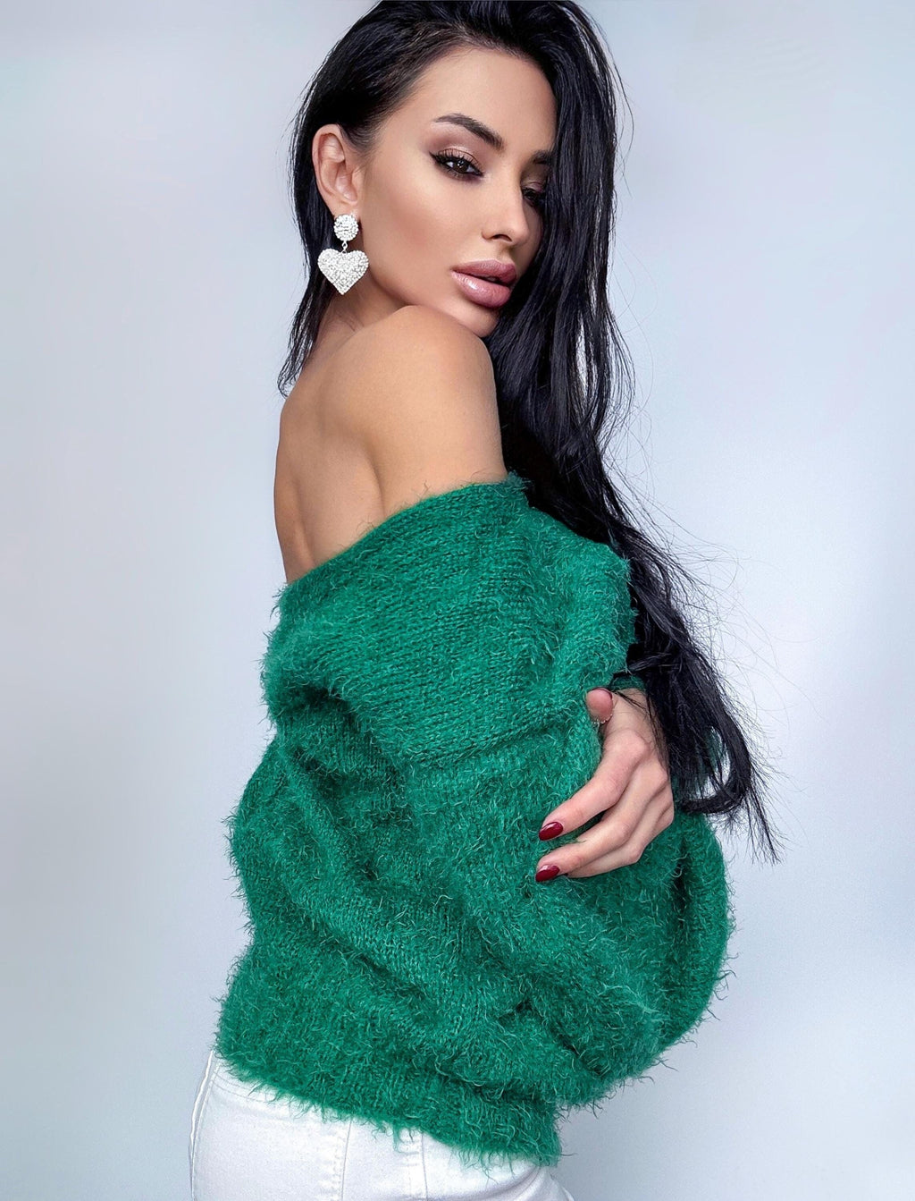 Green soft fluffy hand knit body friendly wool free sweater Open back Deep neckline Knit emerald fluffy pullover Loose fit oversized V-neck
