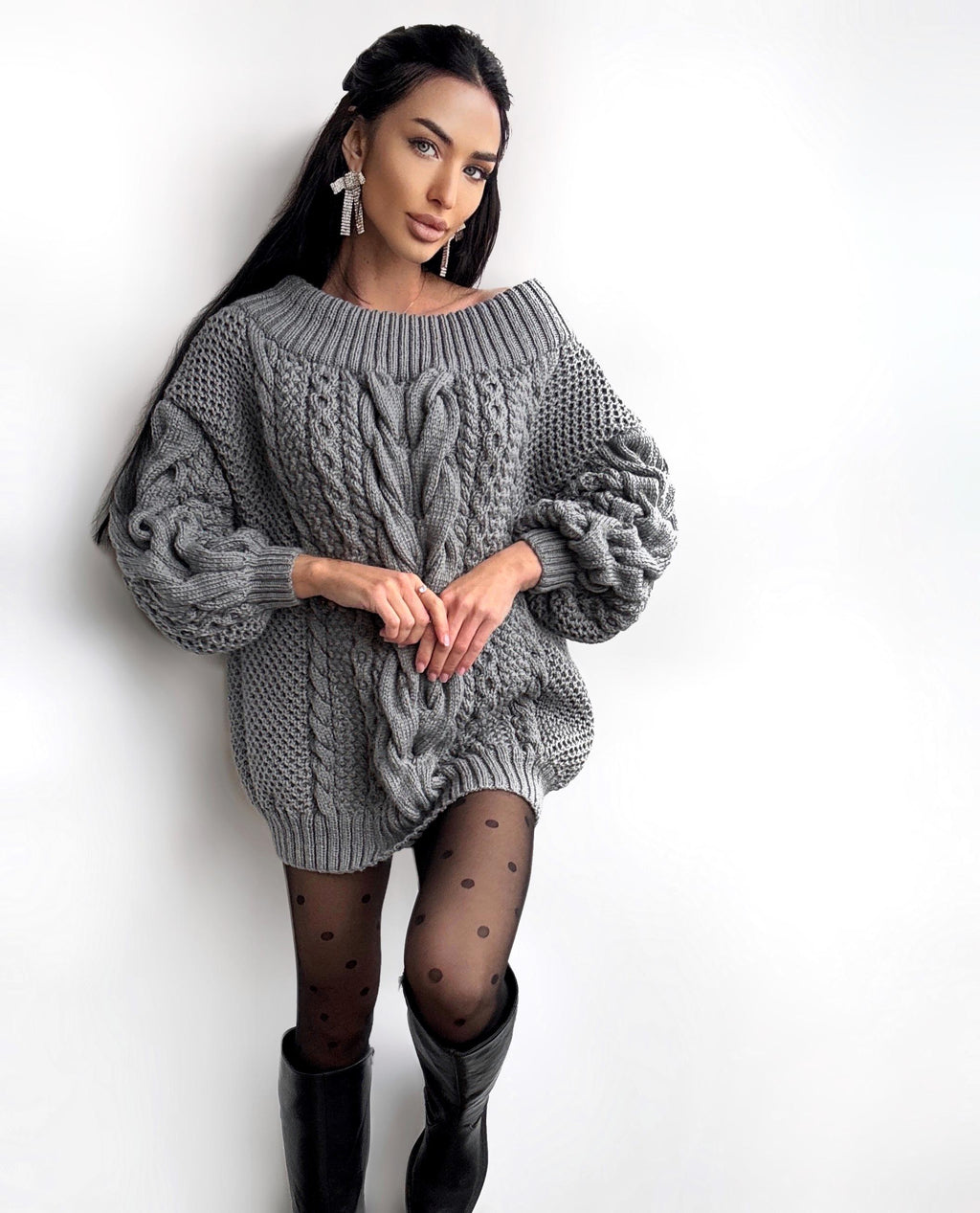 Hand knit sweater dresses women Dark Grey Graphite off shoulder sweater dress Long Cable wool sweater Chunky one shoulder dress cozy pulover