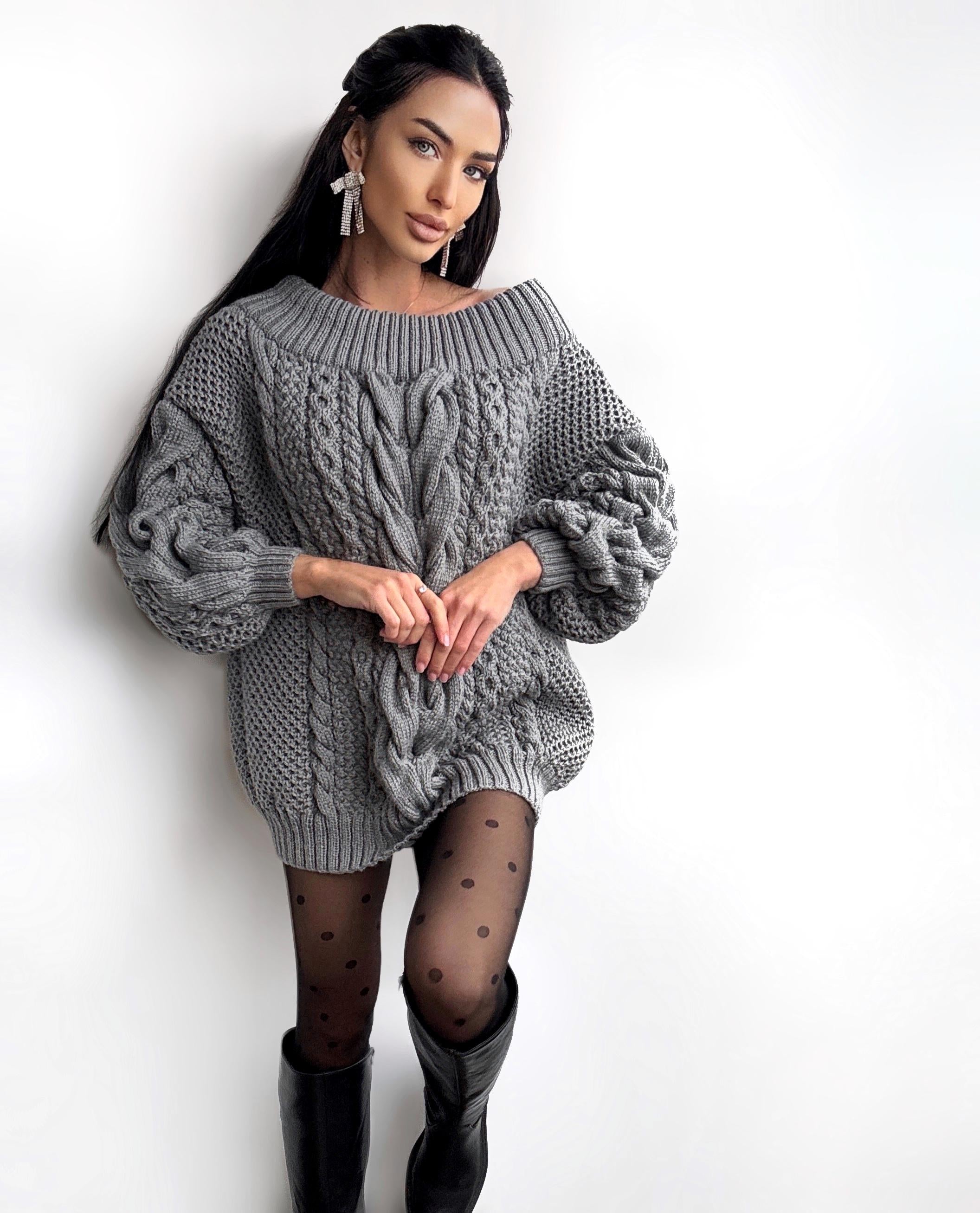 Hand knit sweater dresses women Dark Grey Graphite off shoulder sweater dress Long Cable wool sweater Chunky one shoulder dress cozy pulover