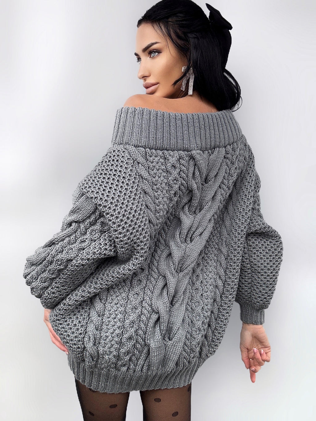 Hand knit sweater dresses women Dark Grey Graphite off shoulder sweater dress Long Cable wool sweater Chunky one shoulder dress cozy pulover