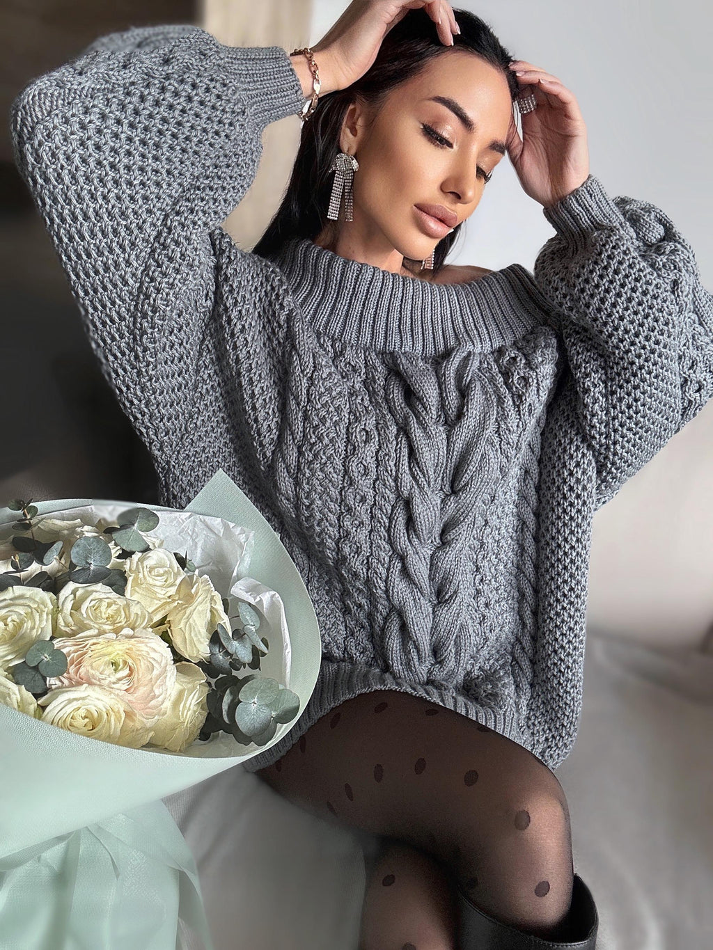 Hand knit sweater dresses women Dark Grey Graphite off shoulder sweater dress Long Cable wool sweater Chunky one shoulder dress cozy pulover