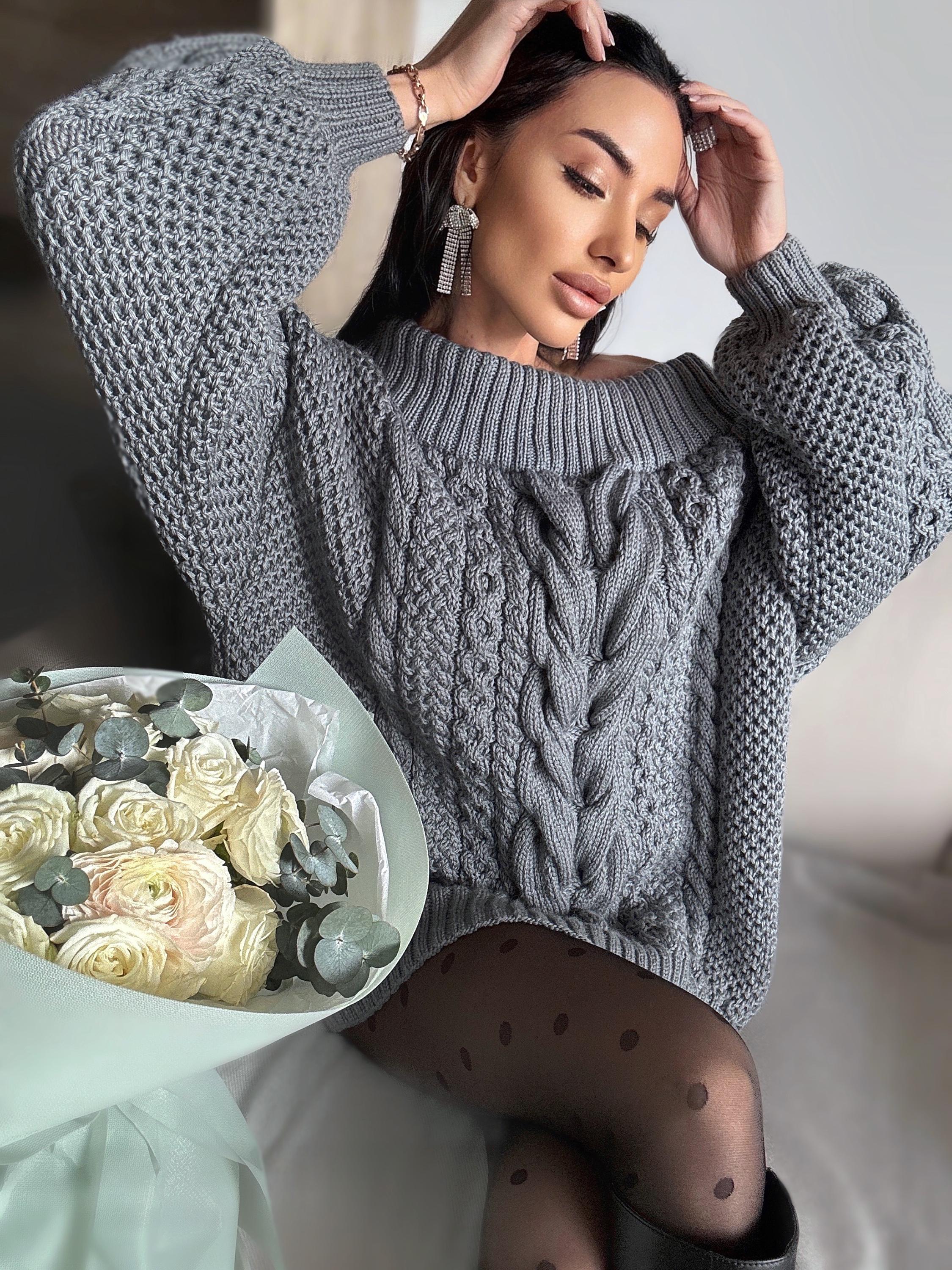 Hand knit sweater dresses women Dark Grey Graphite off shoulder sweater dress Long Cable wool sweater Chunky one shoulder dress cozy pulover