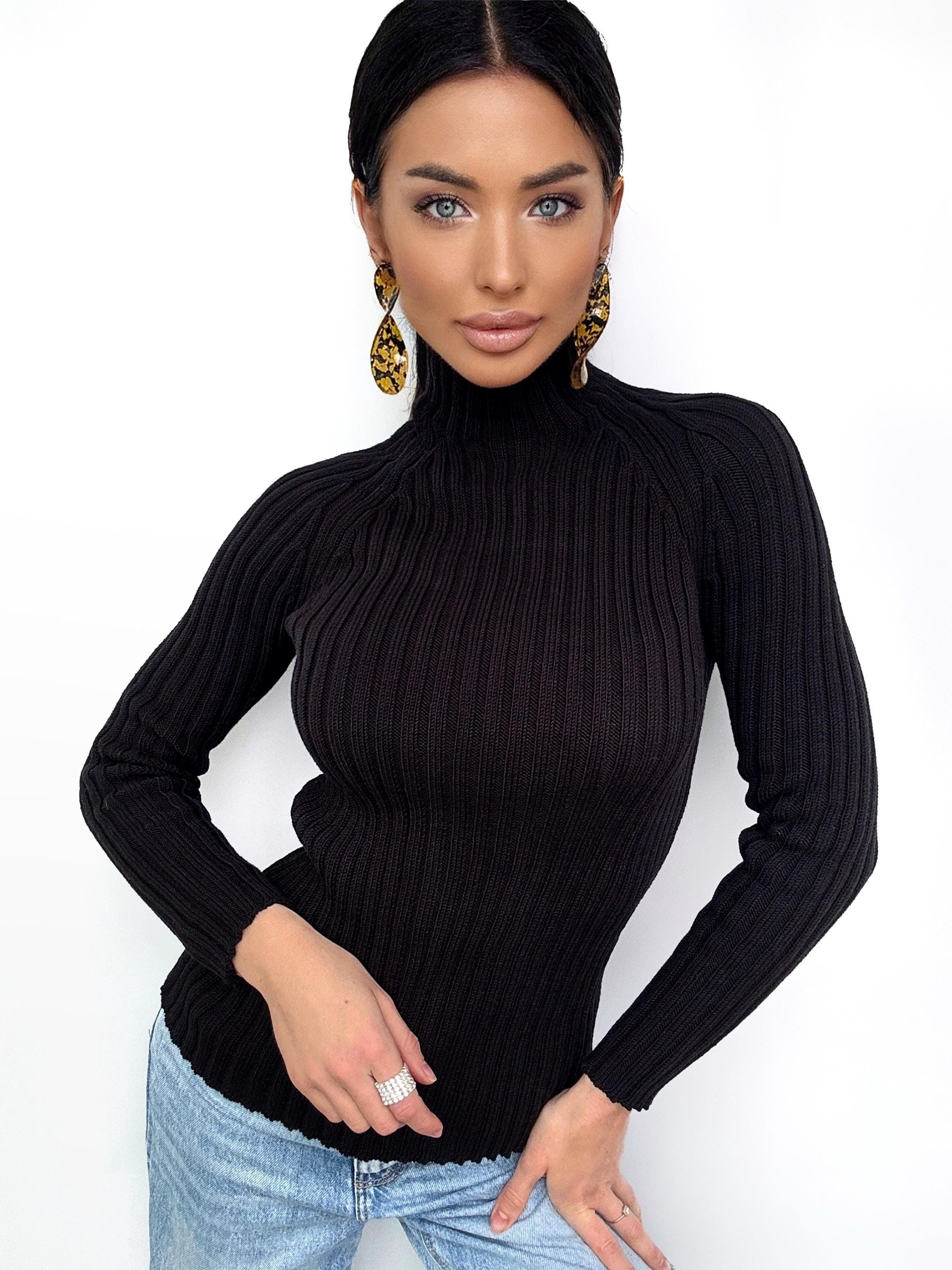 Merino wool оr cotton black knit Turtleneck for women Ribbed Long Sleeve Sweater Comfortable body-friendly Turtle neck wool