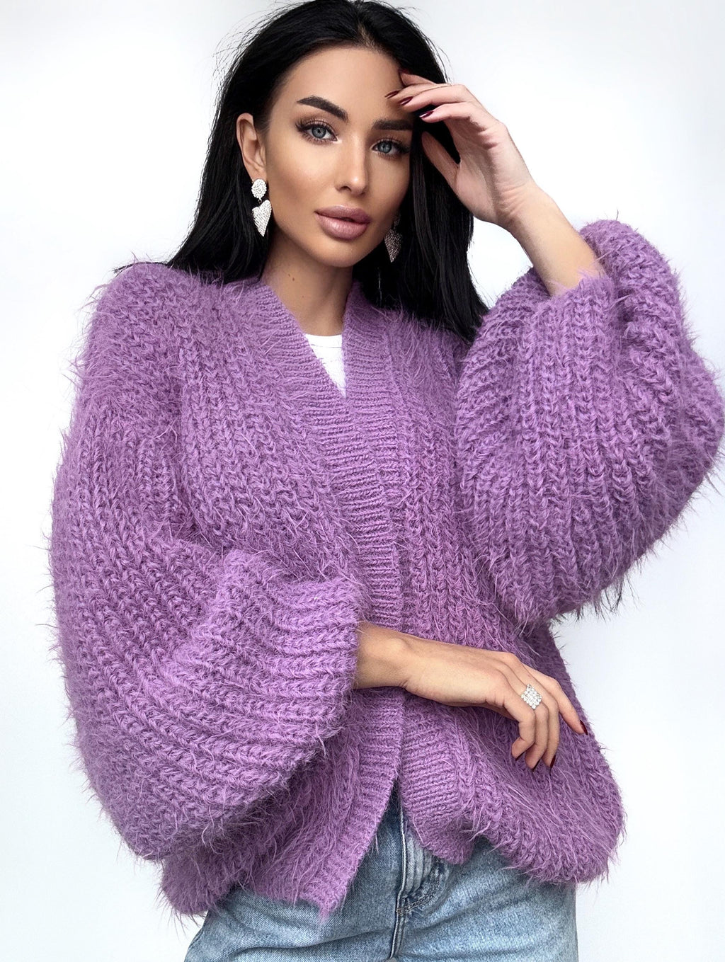 Very soft knit merino wool mix Lilac Purple cardigan women Wedding crop cardigan Fluffy wool sweater coat Jacket Women Bridal shrug bolero