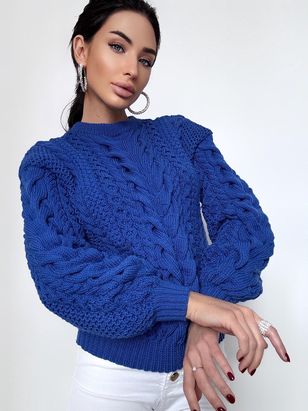 Hand knitted royal blue soft merino wool knit round collar sweater for women Hand knit jumper Cable knitting Loose knit pullover Chunky knit