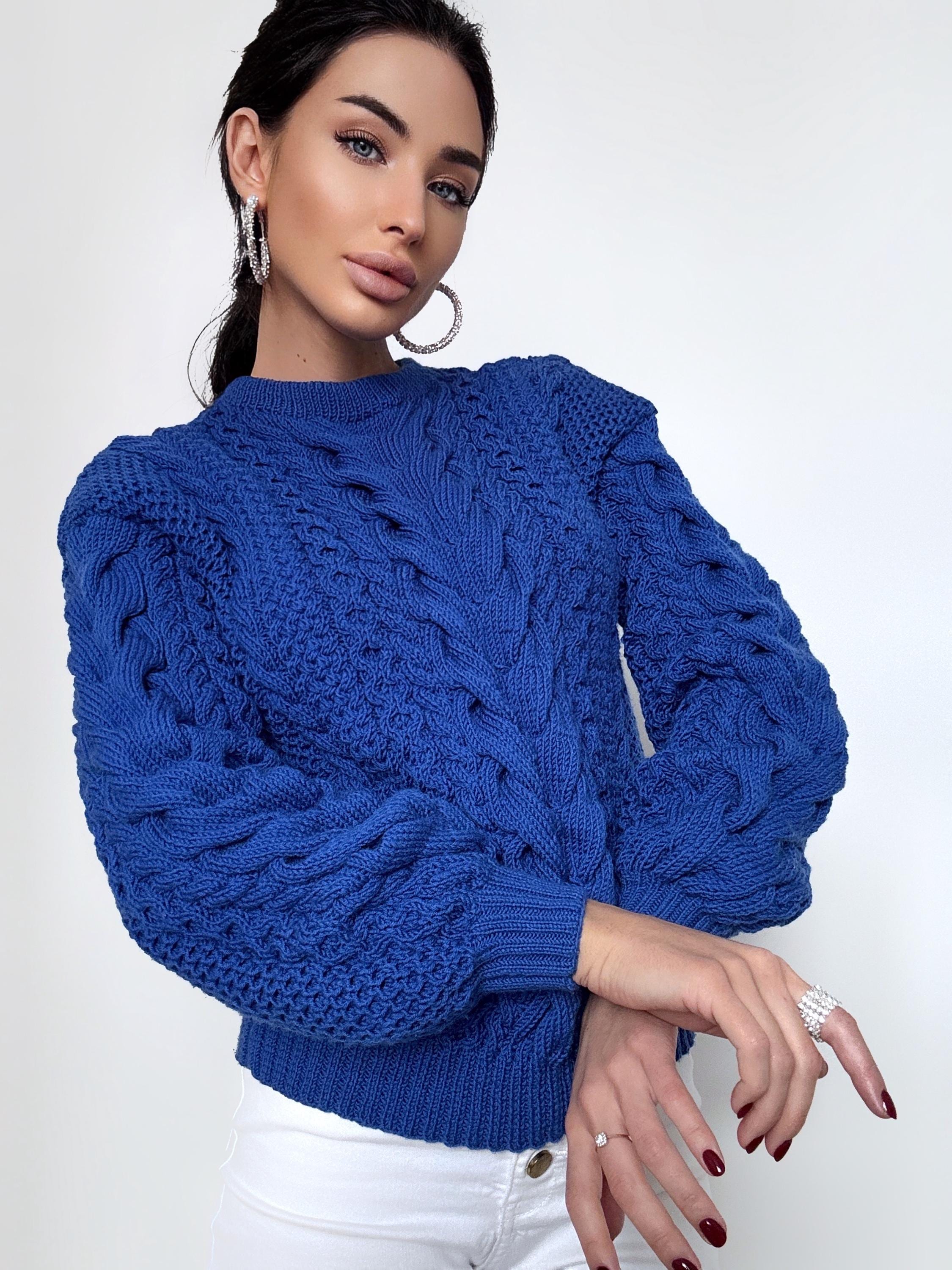 Soft merino wool Blue Merino wool knit sweater for women Hand knitted jumper Cable knitting Loose knit pullover