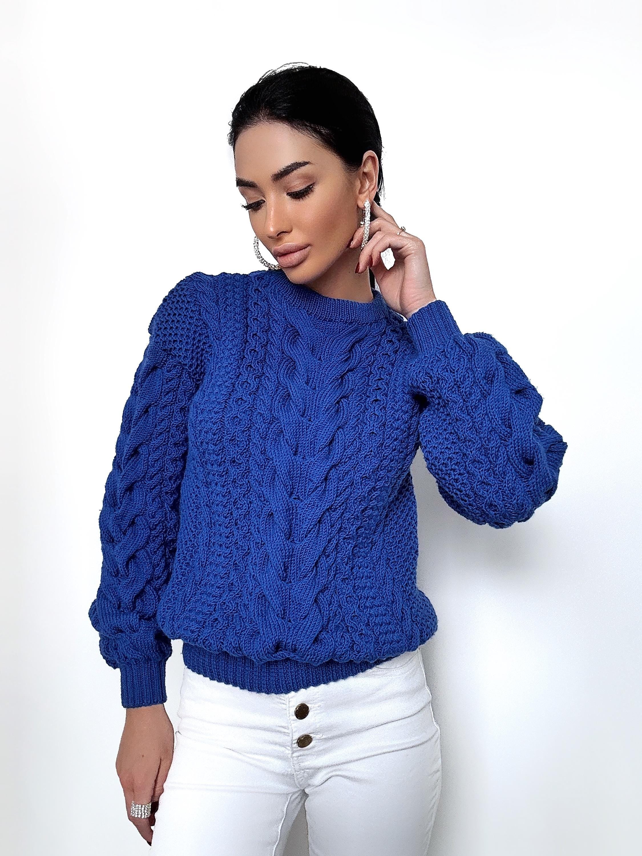Soft merino wool Blue Merino wool knit sweater for women Hand knitted jumper Cable knitting Loose knit pullover