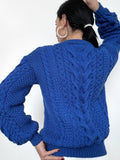 Soft merino wool Blue Merino wool knit sweater for women Hand knitted jumper Cable knitting Loose knit pullover