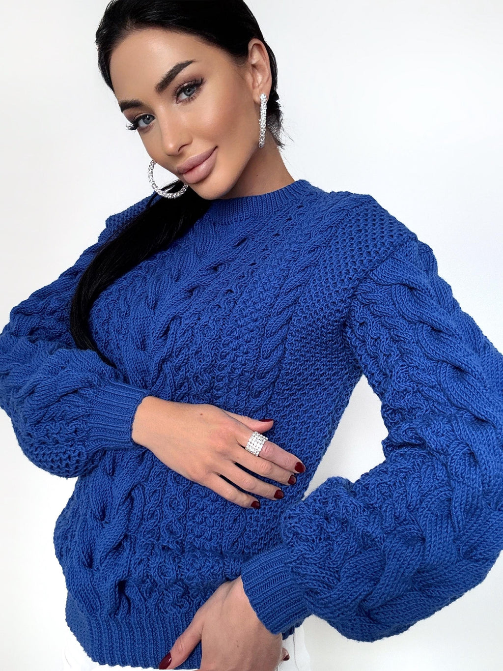 Soft merino wool Blue Merino wool knit sweater for women Hand knitted jumper Cable knitting Loose knit pullover