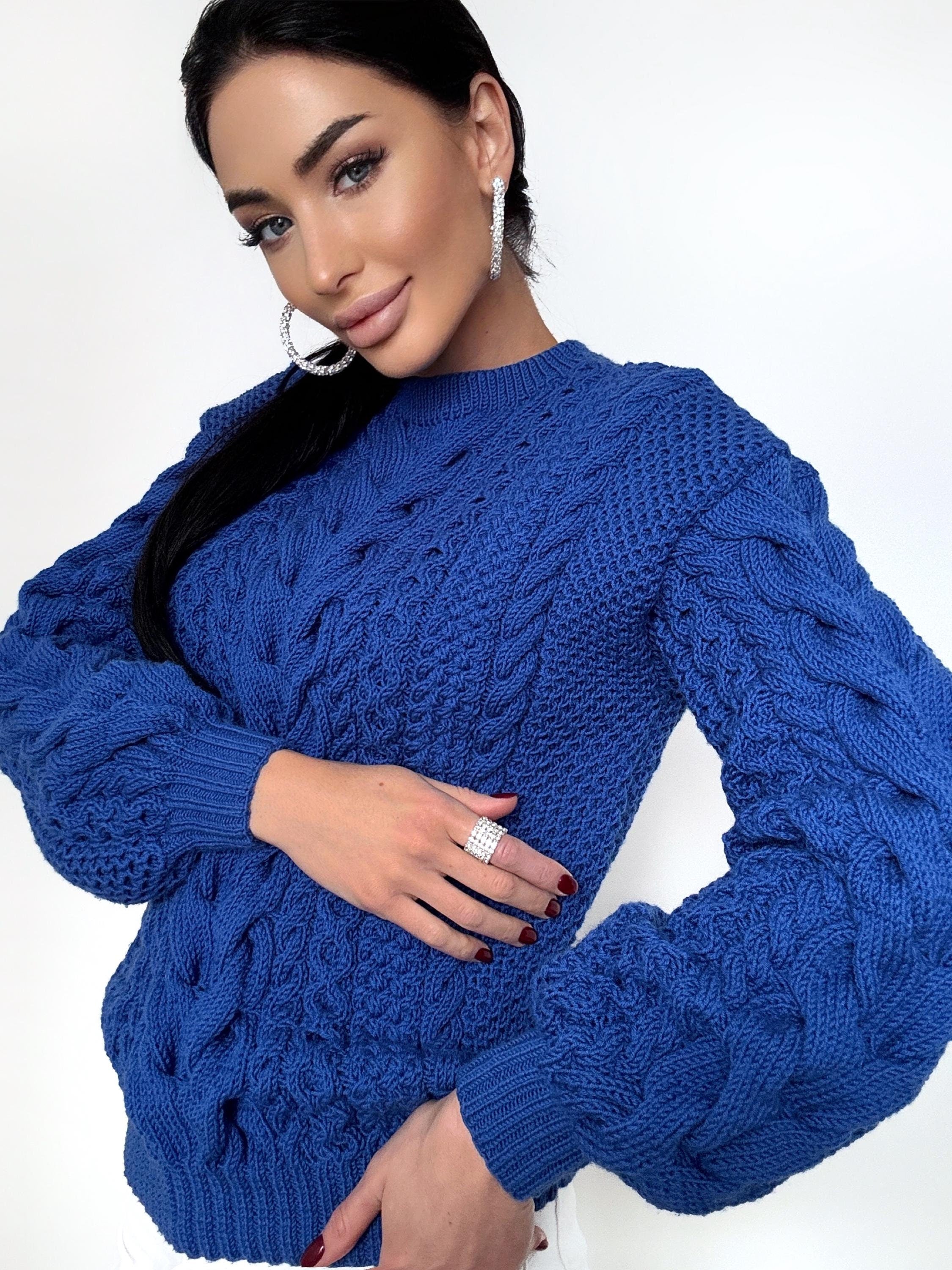 Soft merino wool Blue Merino wool knit sweater for women Hand knitted jumper Cable knitting Loose knit pullover