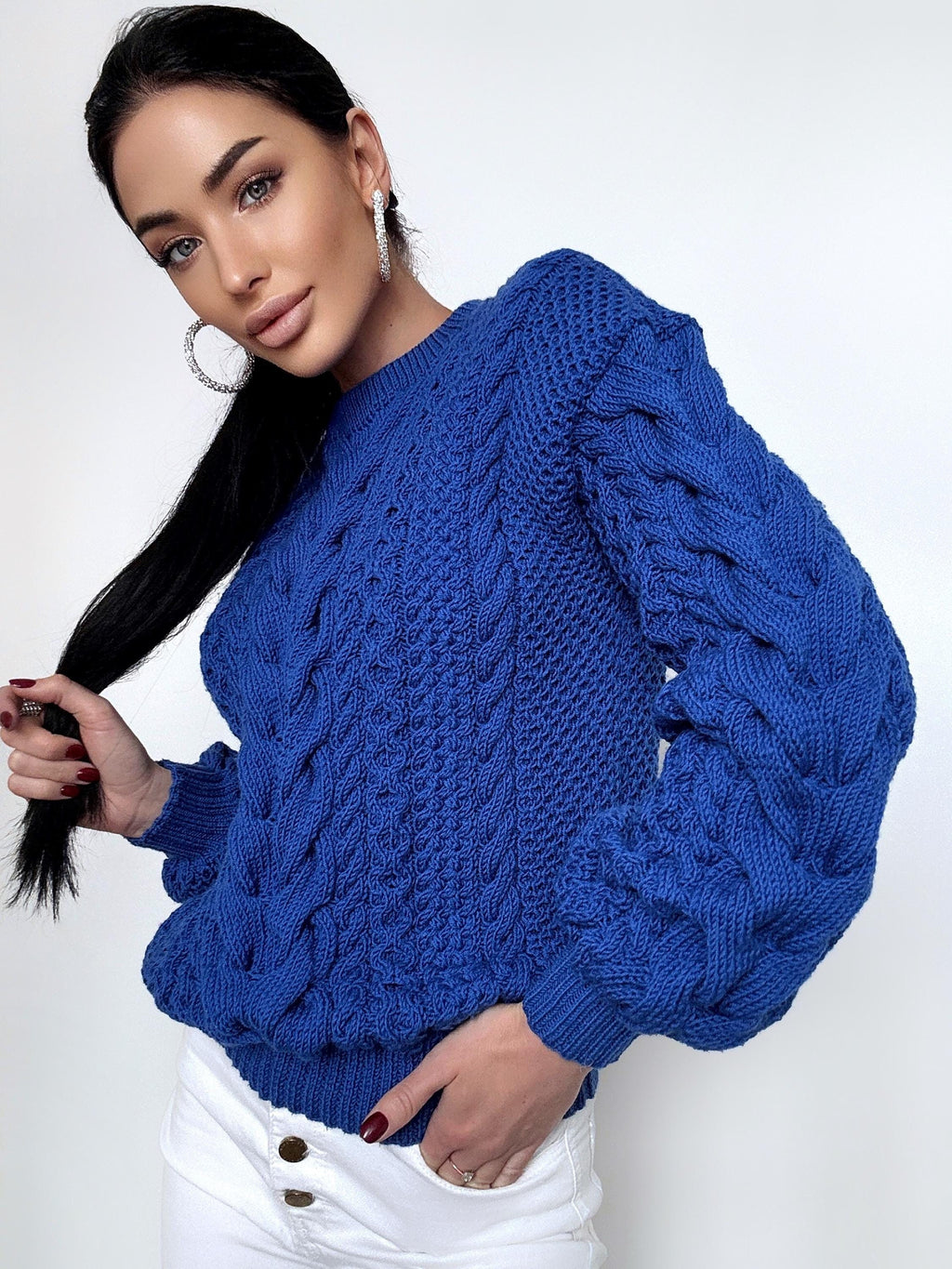 Soft merino wool Blue Merino wool knit sweater for women Hand knitted jumper Cable knitting Loose knit pullover