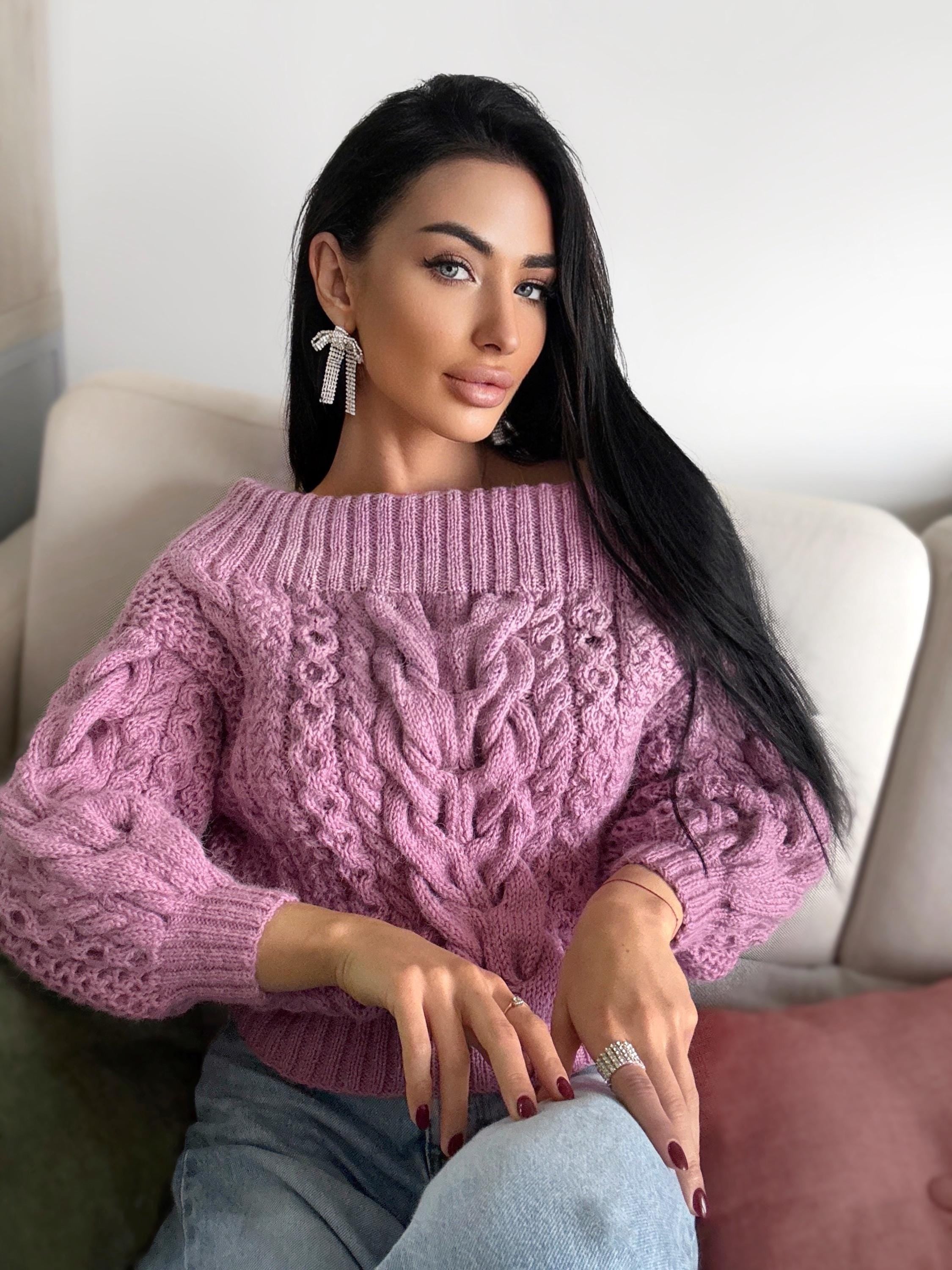 Hand knit alpaca wool pink sweater off shoulders woman Cable hand knit sweater Loose pullover Сhunky knit bulky on one shoulder