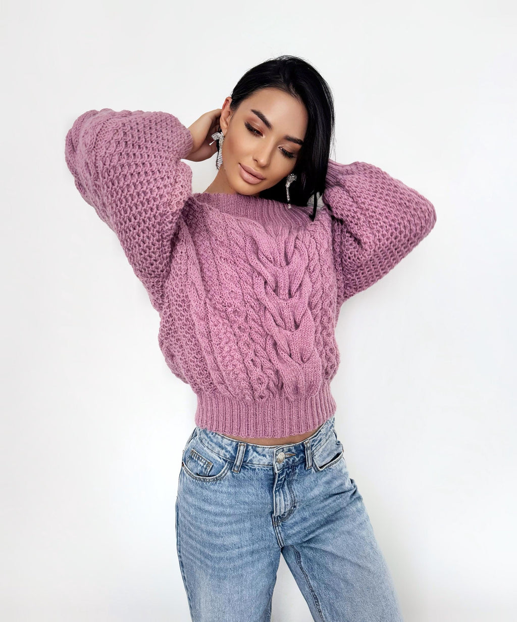 Hand knit alpaca wool pink sweater off shoulders woman Cable hand knit sweater Loose pullover Сhunky knit bulky on one shoulder