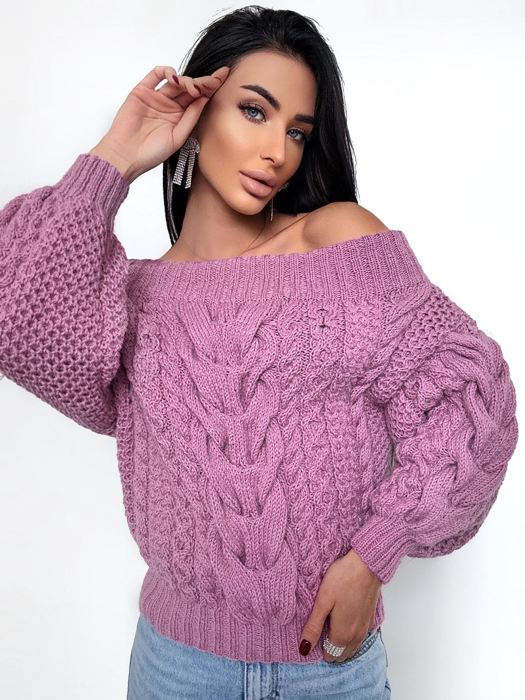 Hand knit alpaca wool pink sweater off shoulders woman Cable hand knit sweater Loose pullover Сhunky knit bulky on one shoulder