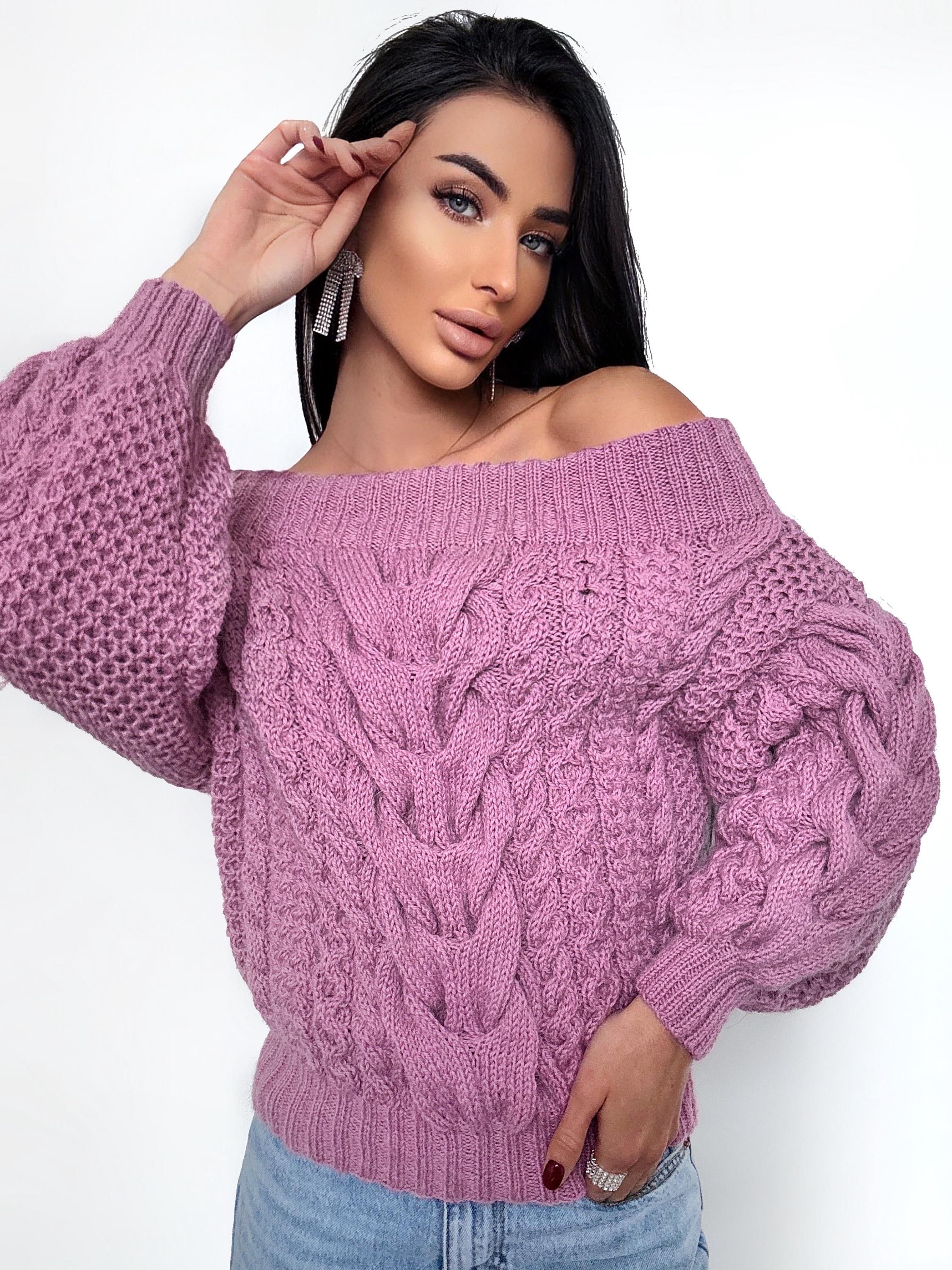 Hand knit alpaca wool pink sweater off shoulders woman Cable hand knit sweater Loose pullover Сhunky knit bulky on one shoulder