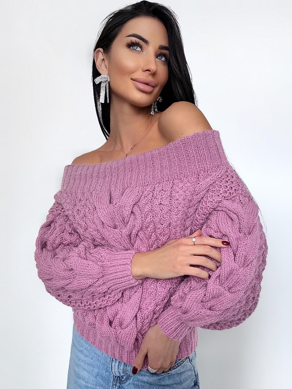Hand knit alpaca wool pink sweater off shoulders woman Cable hand knit sweater Loose pullover Сhunky knit bulky on one shoulder