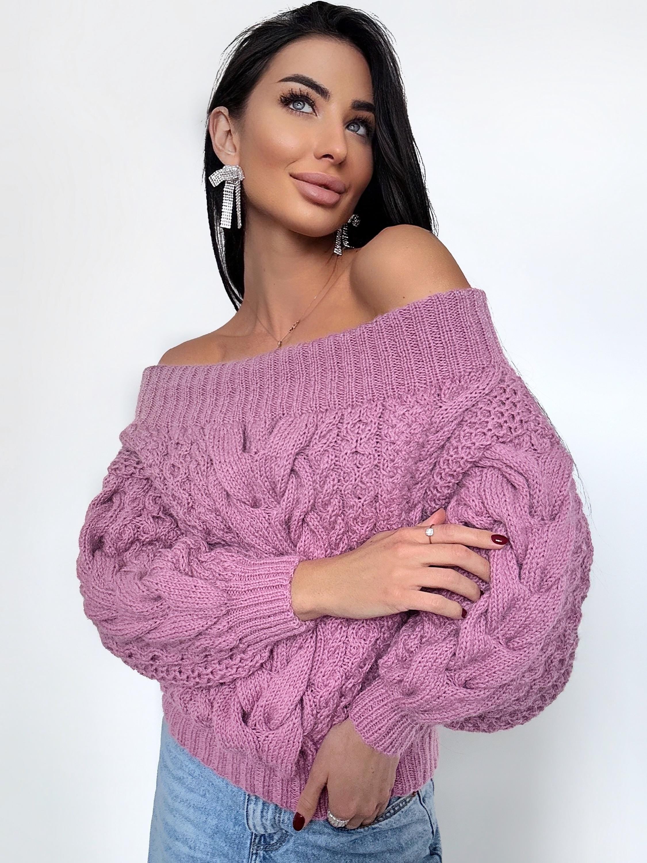 Hand knit alpaca wool pink sweater off shoulders woman Cable hand knit sweater Loose pullover Сhunky knit bulky on one shoulder