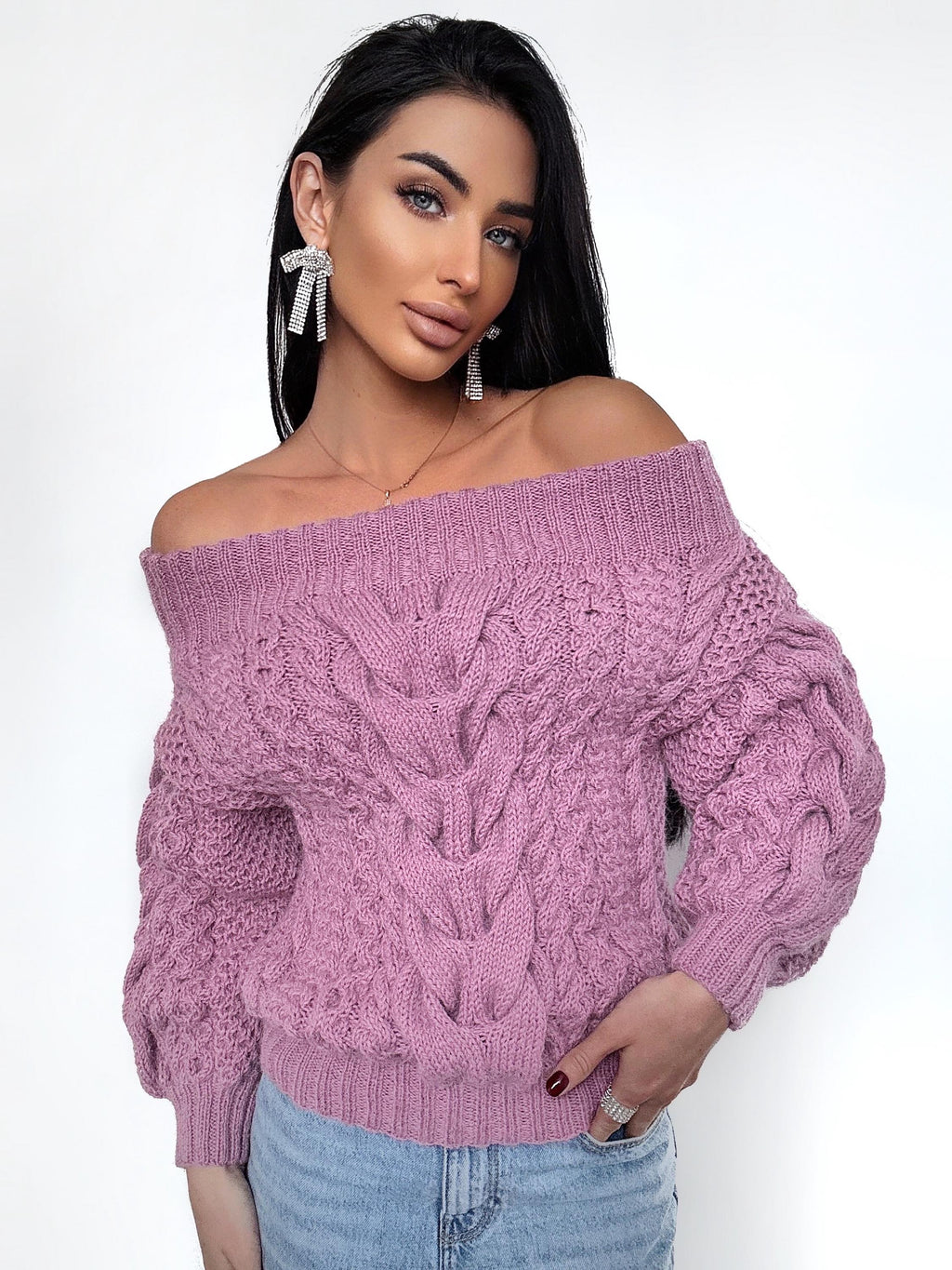 Pink pastel hand knit alpaca wool sweater woman Cable hand knit sweater Loose pastel pullover Oversized chunky knit bulky off shoulder