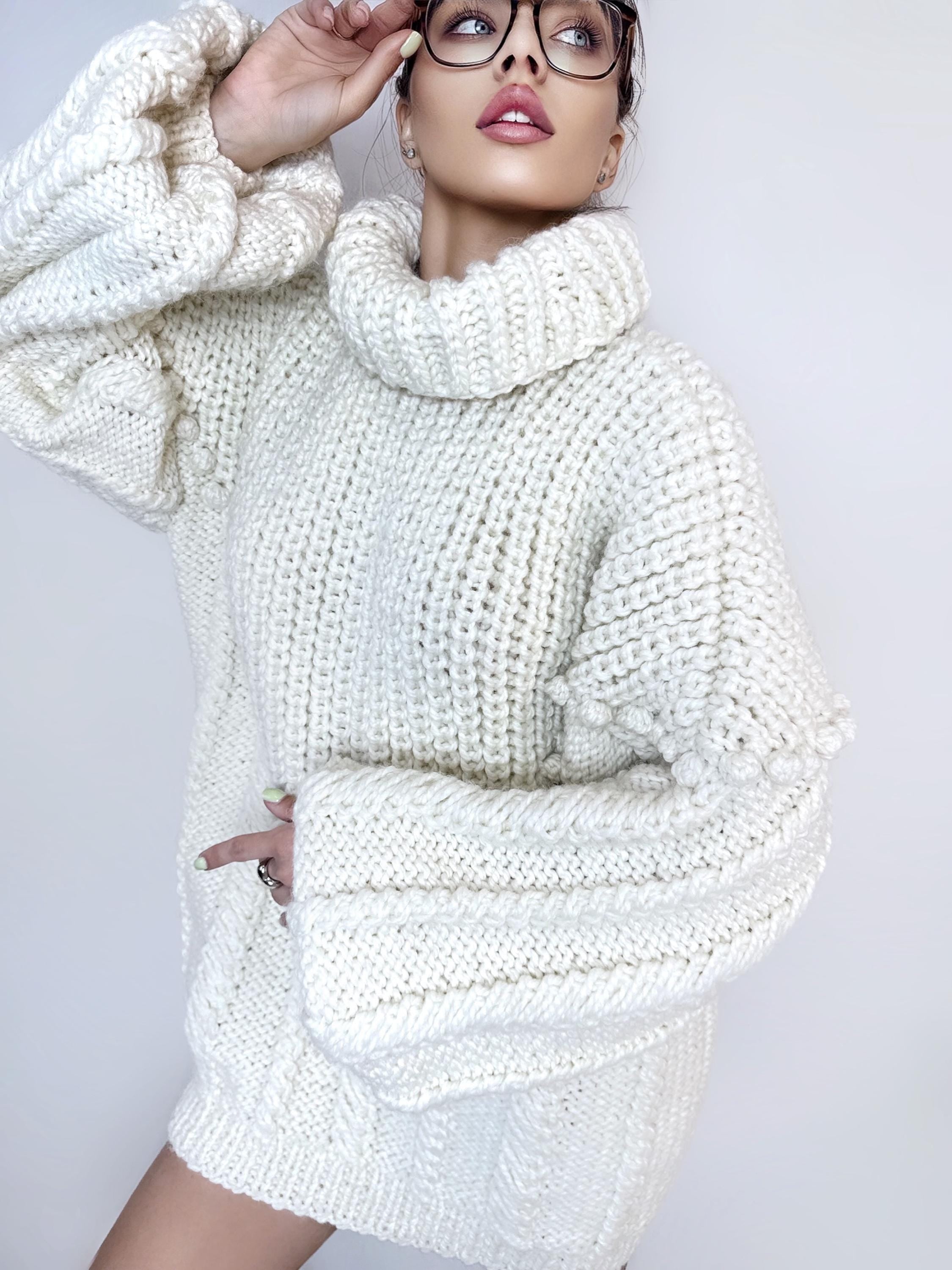 Chunky hand knit Big White Milk Cream alpaca wool sweater Cable knit pullover high collar Knitted turtleneck Super Bulky Sweater dress