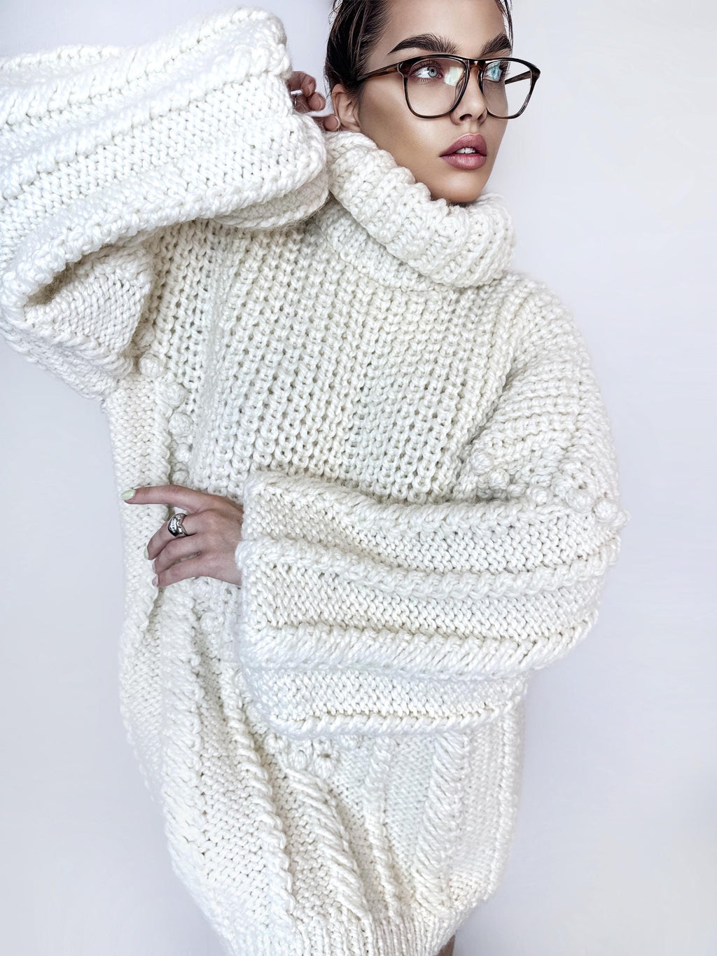 Chunky hand knit Big White Milk Cream alpaca wool sweater Cable knit pullover high collar Knitted turtleneck Super Bulky Sweater dress