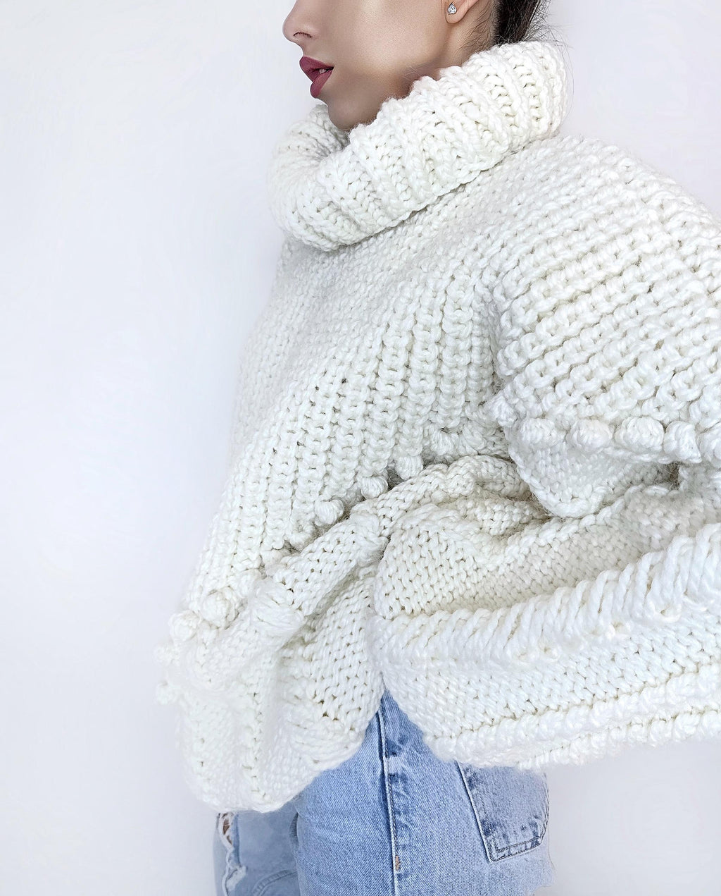 Chunky hand knit Big White Milk Cream alpaca wool sweater Cable knit pullover high collar Knitted turtleneck Super Bulky Sweater dress