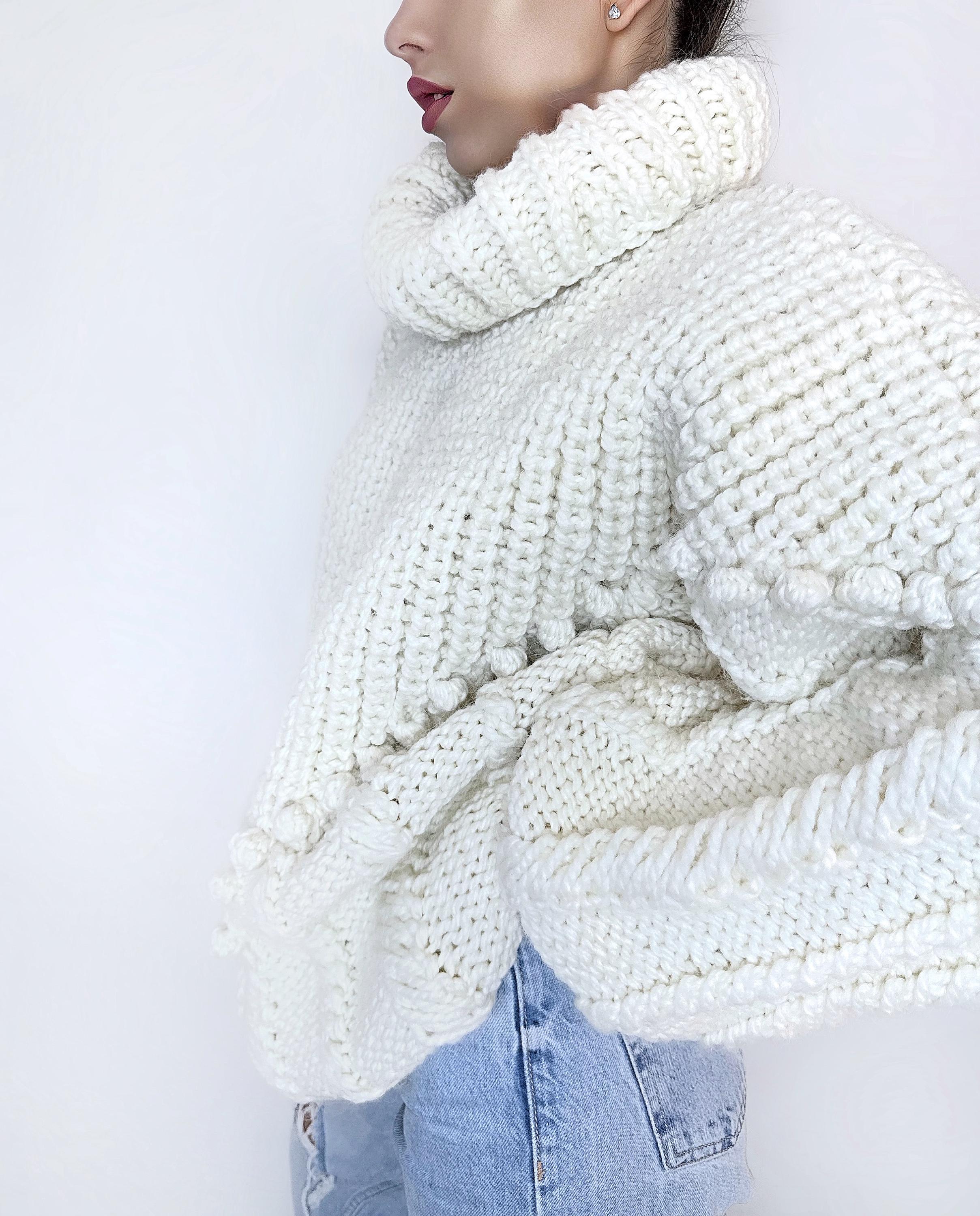 Chunky hand knit Big White Milk Cream alpaca wool sweater Cable knit pullover high collar Knitted turtleneck Super Bulky Sweater dress