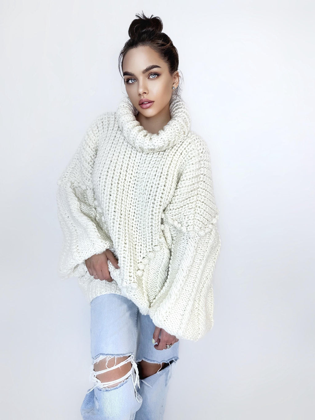 Chunky hand knit Big White Milk Cream alpaca wool sweater Cable knit pullover high collar Knitted turtleneck Super Bulky Sweater dress