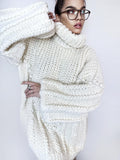 Chunky hand knit Big White Milk Cream alpaca wool sweater Cable knit pullover high collar Knitted turtleneck Super Bulky Sweater dress
