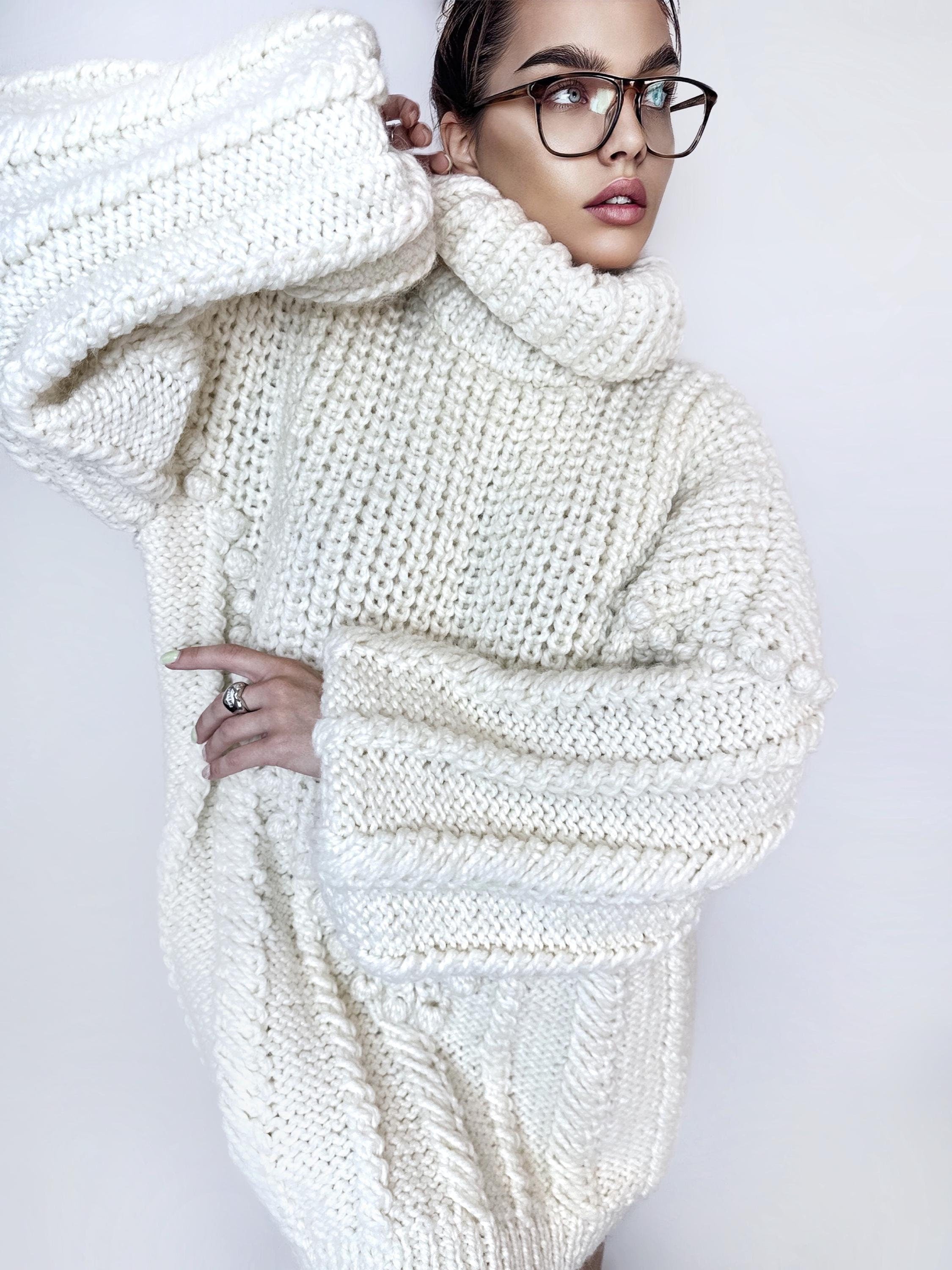 Chunky hand knit Big White Milk Cream alpaca wool sweater Cable knit pullover high collar Knitted turtleneck Super Bulky Sweater dress