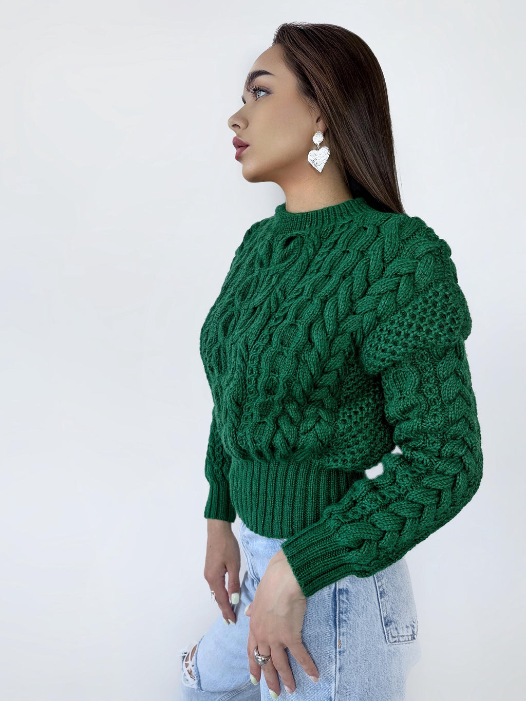 Cable knit green crop soft merino wool high waist hand knit malachite sweater womans Chunky knit Emerald Jumper Loose Knit Oversized