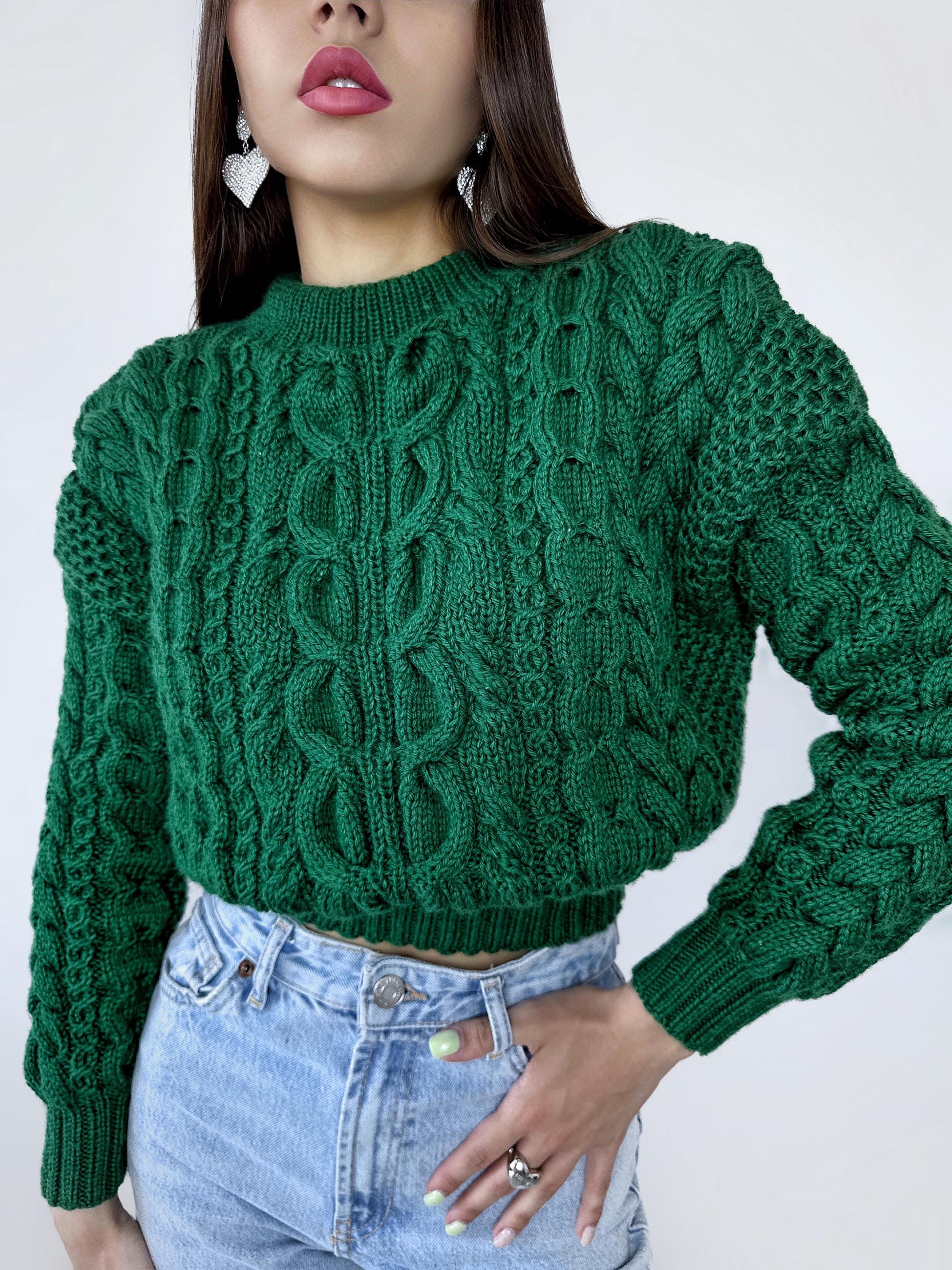 Green crop soft merino wool hand knit sweater womans Hand Knitted Emerald Jumper Cable Knit Loose Knit Oversized High Narrow waist elastic