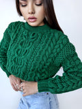Cable knit green crop soft merino wool high waist hand knit malachite sweater womans Chunky knit Emerald Jumper Loose Knit Oversized