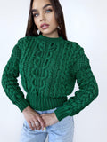 Green crop soft merino wool hand knit sweater womans Hand Knitted Emerald Jumper Cable Knit Loose Knit Oversized High Narrow waist elastic
