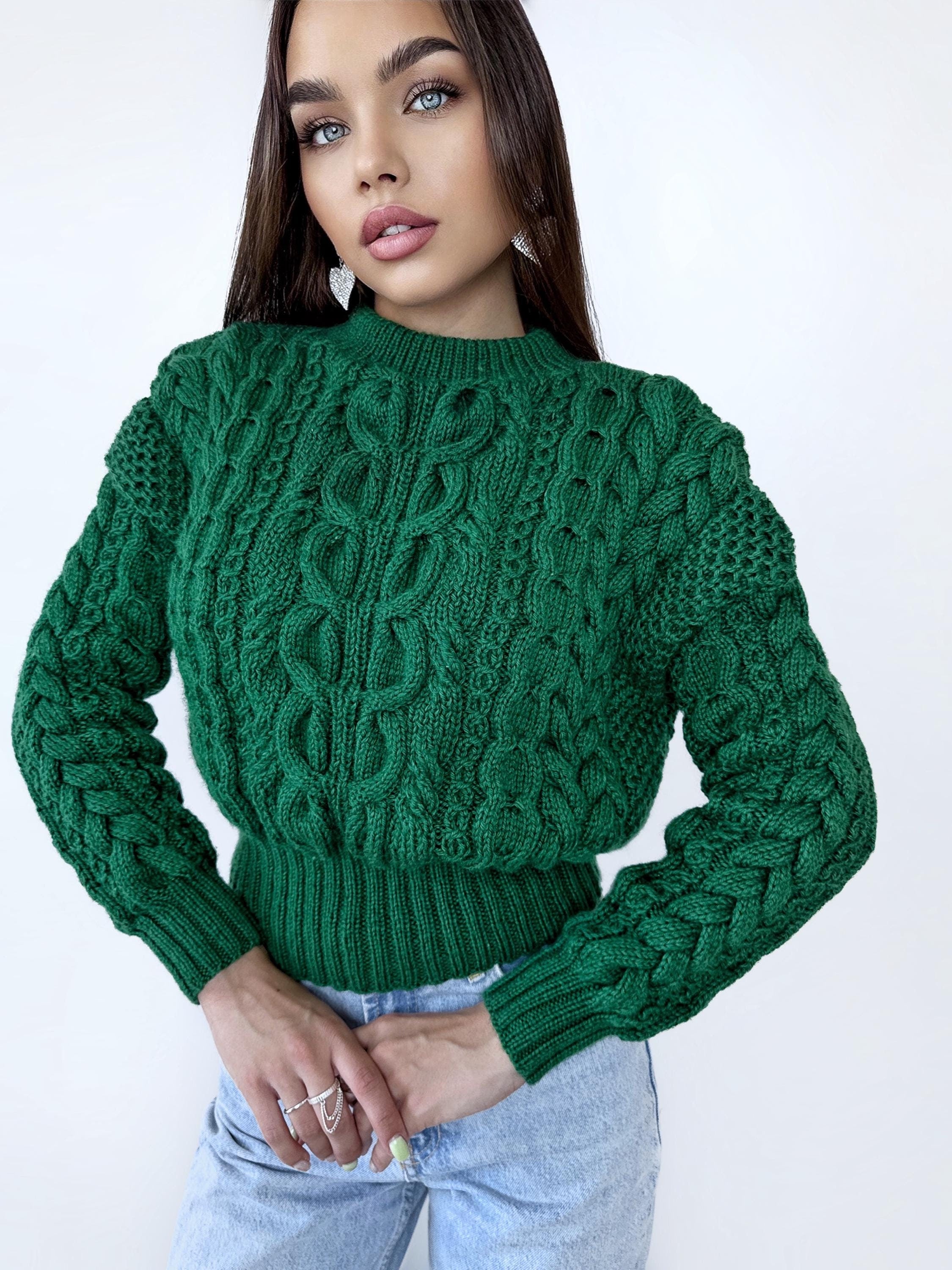 Cable knit green crop soft merino wool high waist hand knit malachite sweater womans Chunky knit Emerald Jumper Loose Knit Oversized