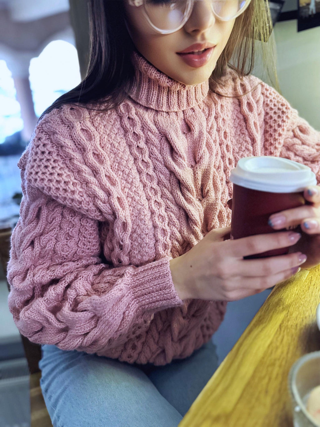 Hand knit pink chunky turtleneck high throat sweater Oversize cozy wool sweater Women cable knit sweater Pink Many colors pullover