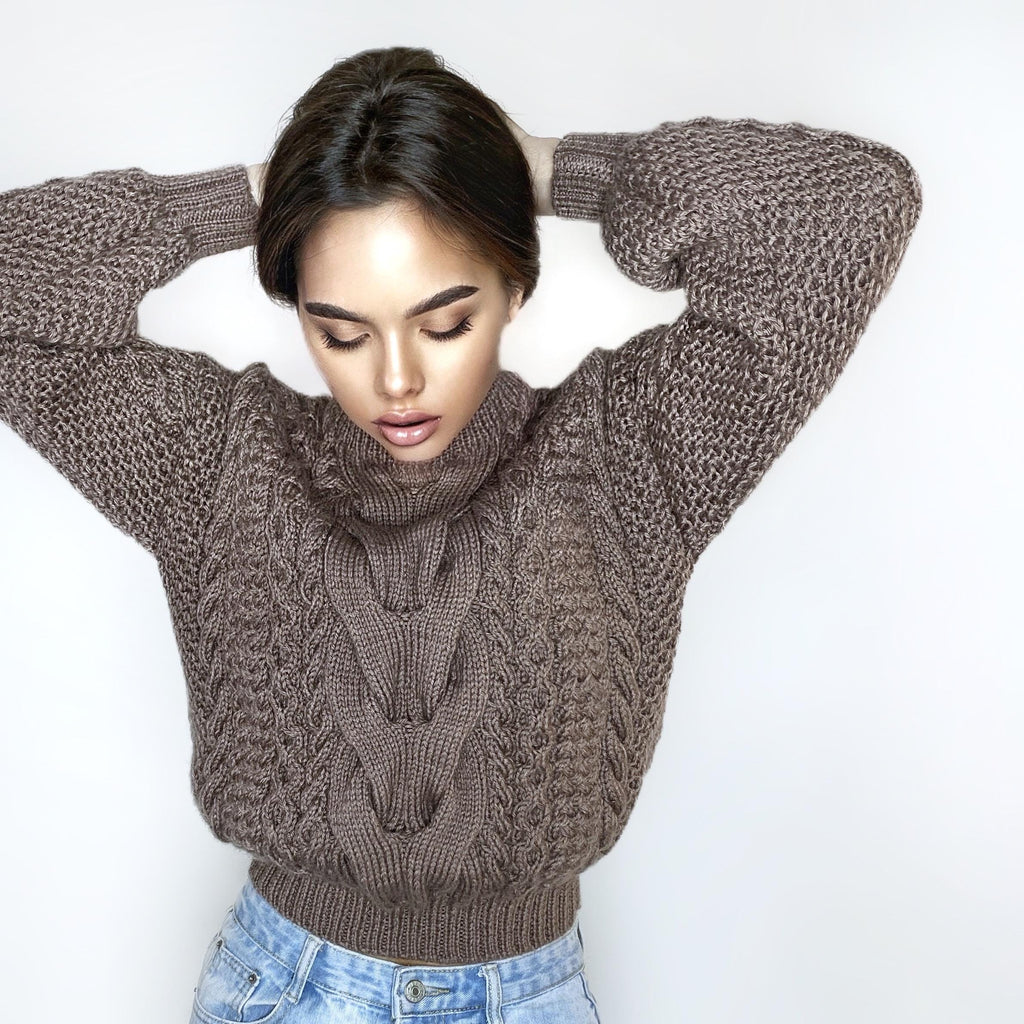 Hand knit Light brown Beige Pastel soft wool sweater for women Three-quarter sleeve Chunky merino wool oversize sweater Cable knit pullover