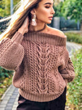 Cable knitedt off shoulders caramel sweater Womens Aran Sweater Beige Braids Chunky knit wool One shoulder Sweater Wide collar Brown jumper