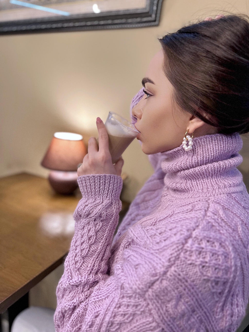Hand knit crop-sweater Chunky knit turtleneck pullover Oversize cozy sweater Women cable knit sweater Lilac Pink Short pullover Top