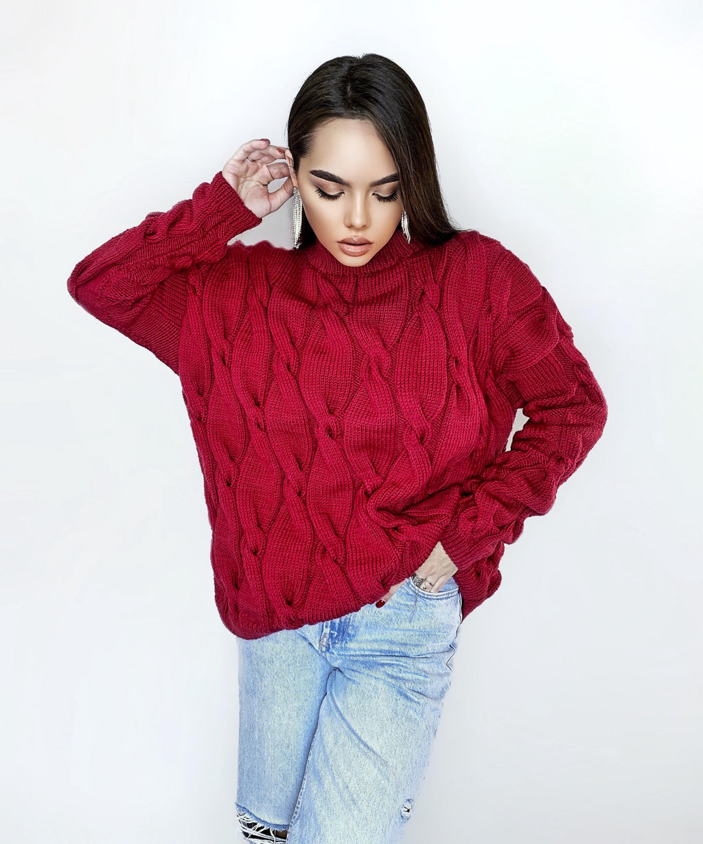 Chunky knit merino wool Red Oversized sweater dress Braids sweater Cable knit burgundy sweater Women Knitwear turtleneck unique gifts