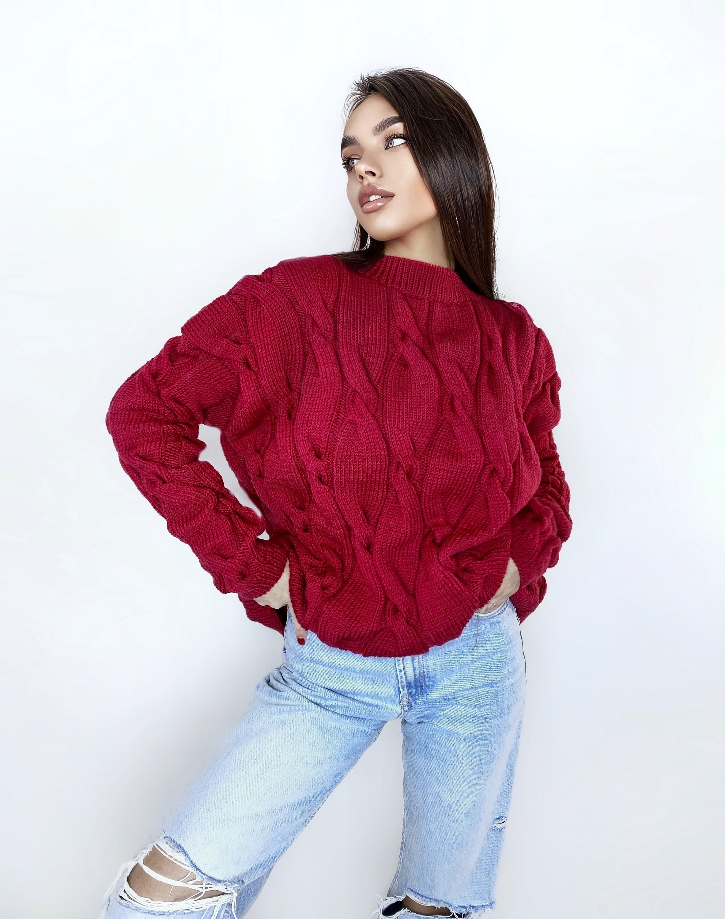 Chunky knit sweater Red sweater Oversized sweater Braids sweater Cable knit sweater burgundy sweater Women Knitwear turtleneck unique gifts