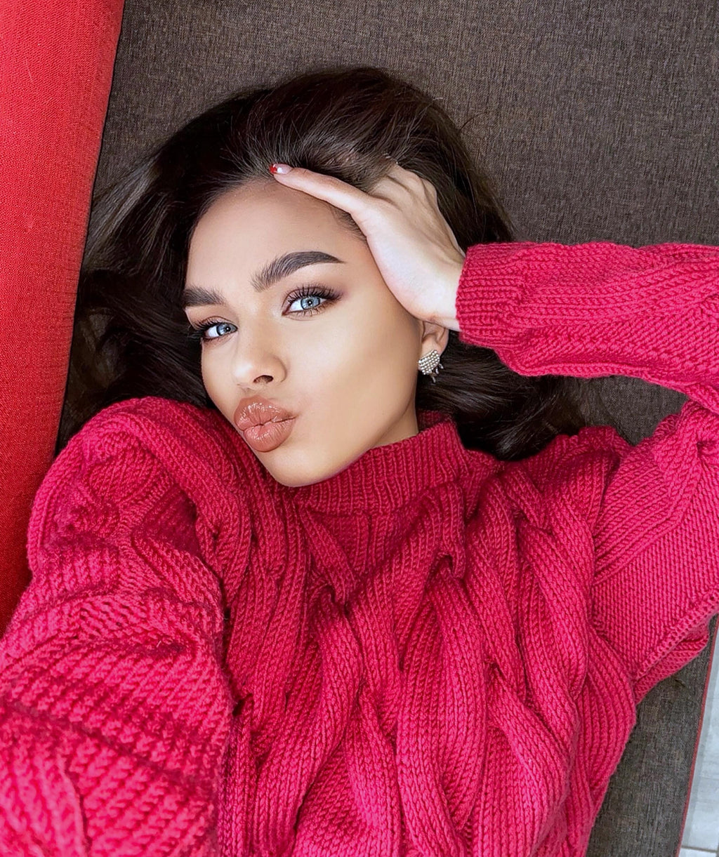 Chunky knit sweater Red sweater Oversized sweater Braids sweater Cable knit sweater burgundy sweater Women Knitwear turtleneck unique gifts